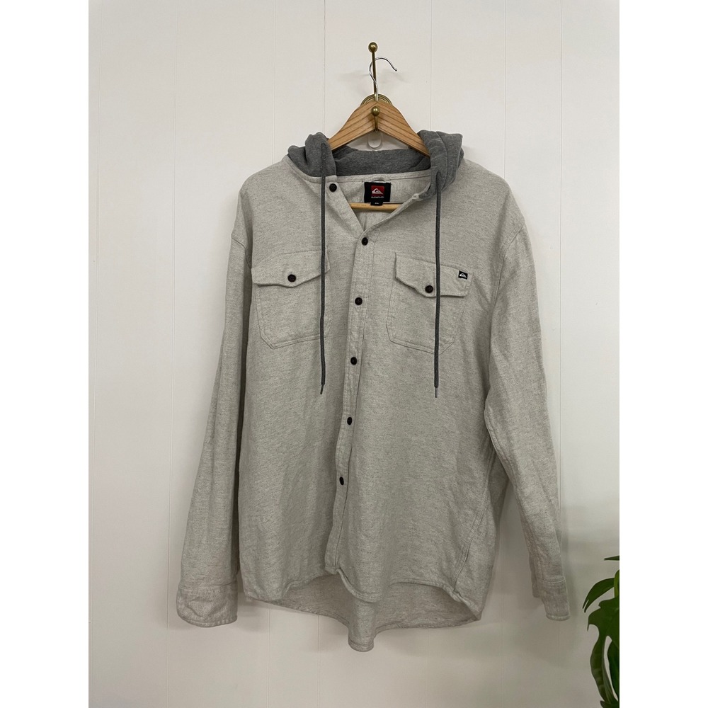 Quiksilver Mens XL Gray Hooded Flannel Shirt Button Down Long Sleeve Hoodie